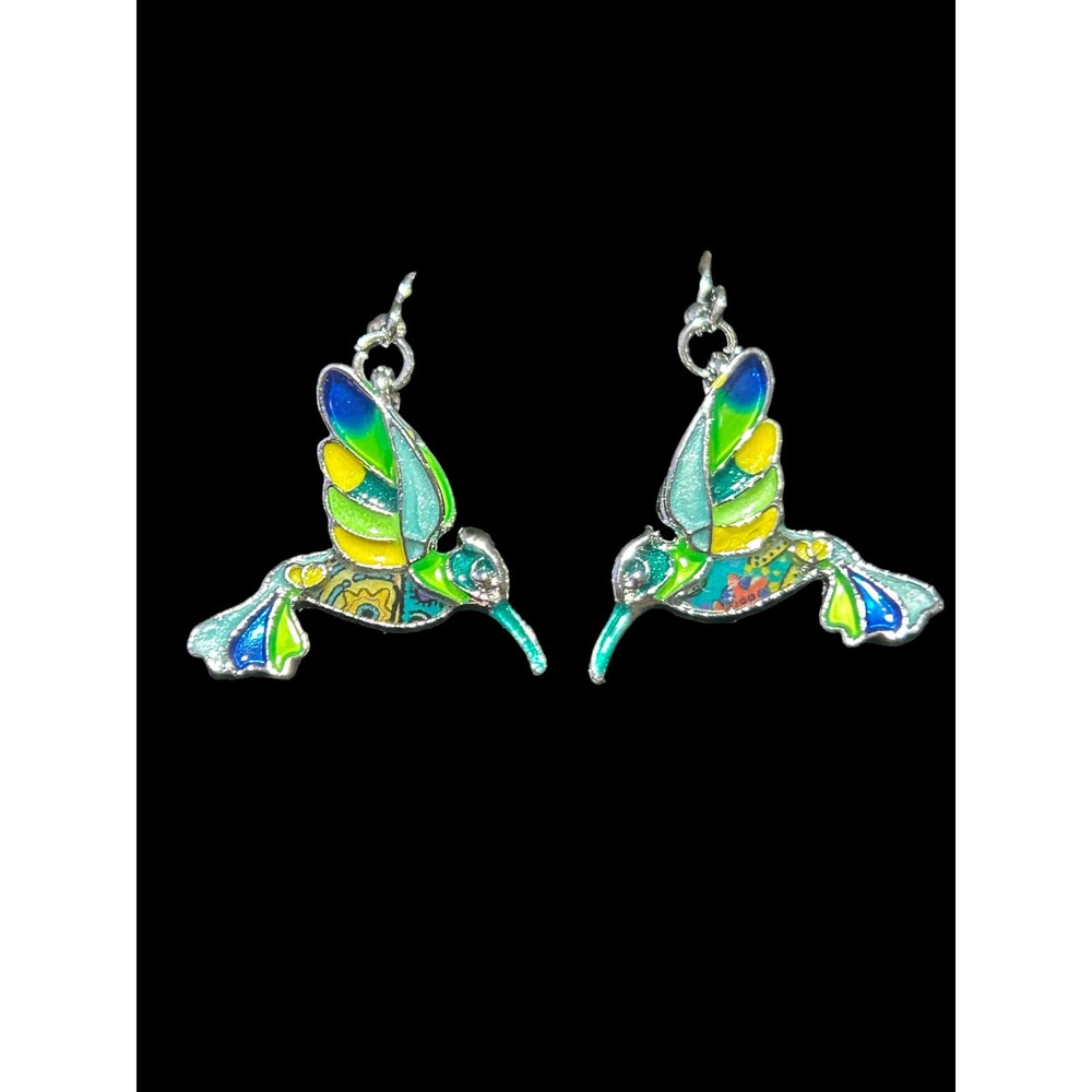 Various Shades of Green Enamel Hummingbird Silver-Tone Earrings with Wire Hook